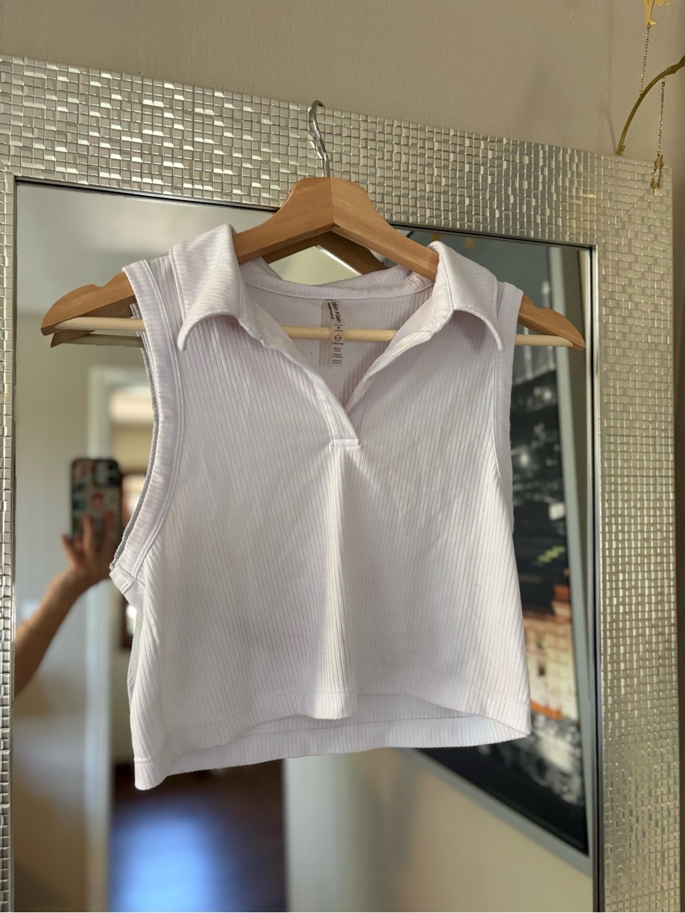 Sleeveless Ribbed CK cropped Polo Tank Top - White